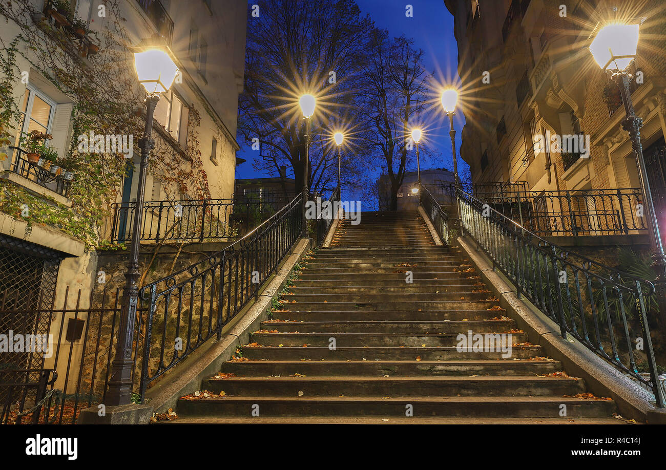 L'escalier à Montmartre près de la Basilique du Sacré-Coeur, au petit matin, Paris. Banque D'Images