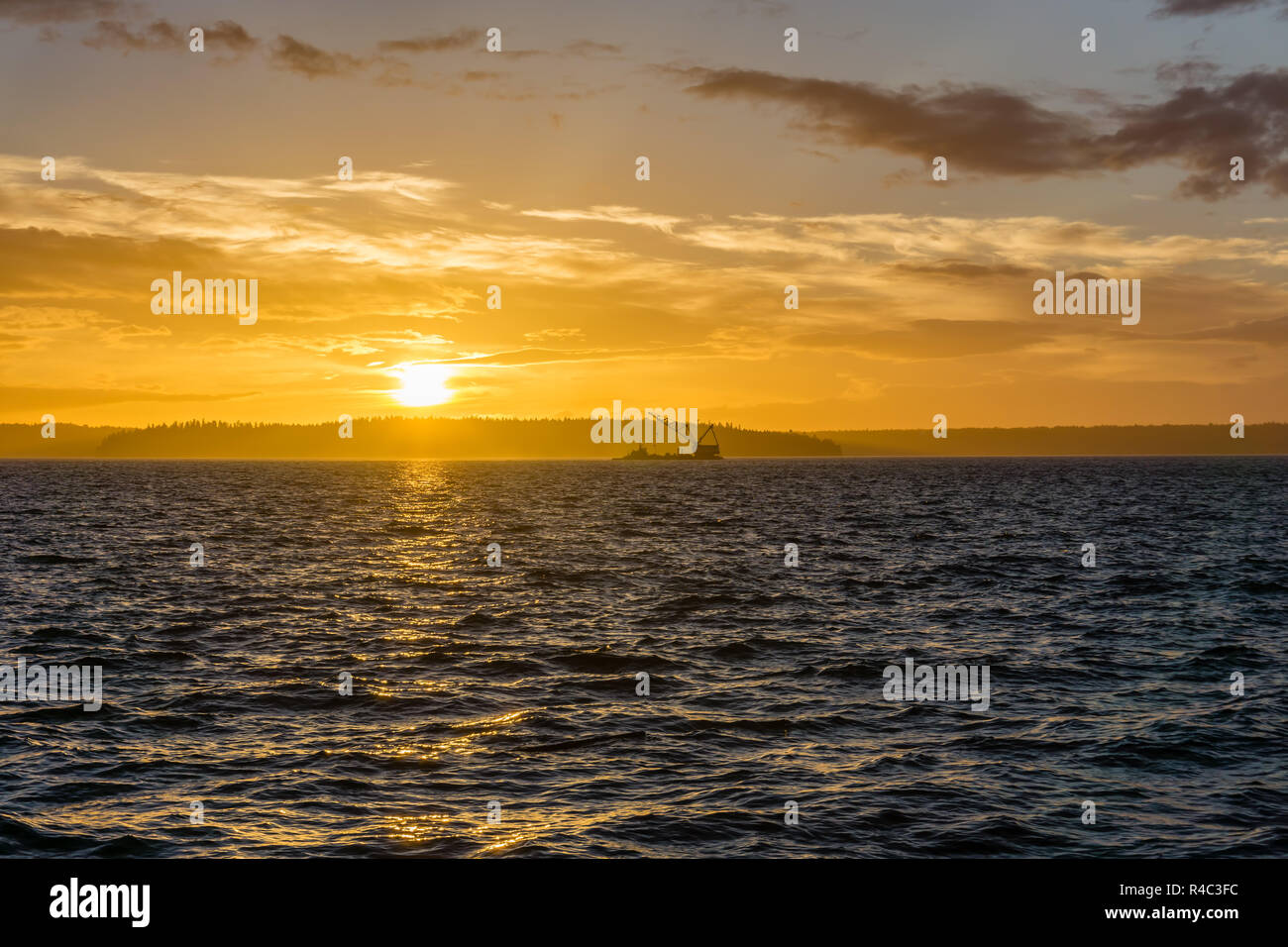 Vue d'un navire Crane et golden coucher du soleil sur le Puget Sound à l'Ouest de Seattle, Washington. Banque D'Images