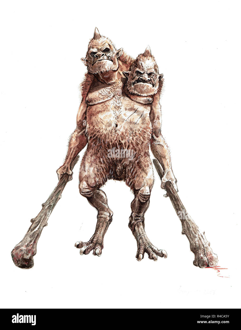 Cyclops à deux têtes. Créature mythologique. Dessin Monster ogre. Illustration du livre. Banque D'Images