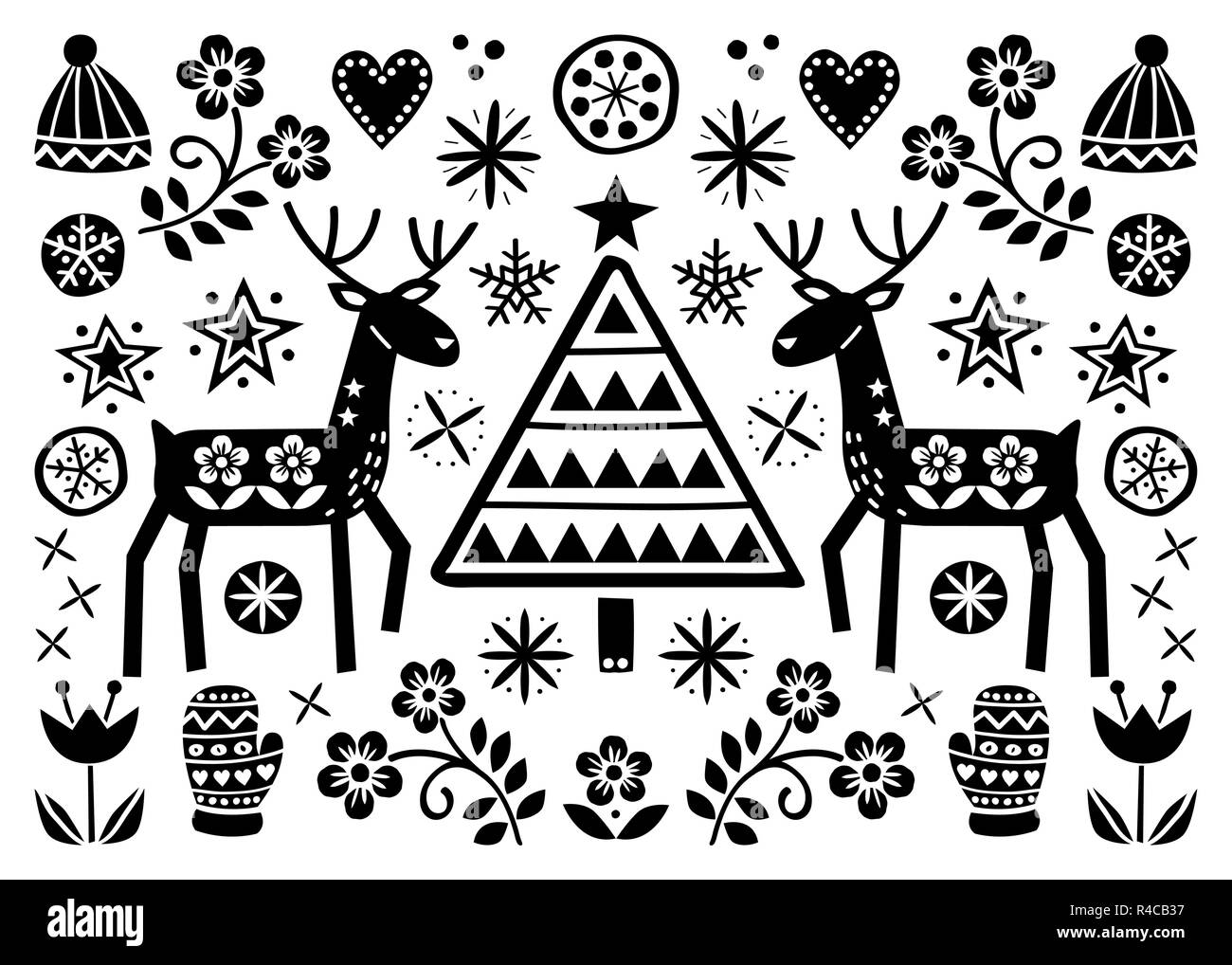 L'art populaire de Noël rennes carte de vœux, fleurs, arbre de Noël et les vêtements d'hiver tendance en noir sur fond blanc - Joyeux Noël decoratio Illustration de Vecteur