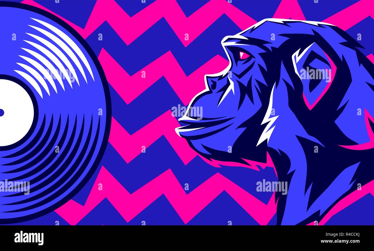 Singe et le disque vinyle. Illustration de Vecteur