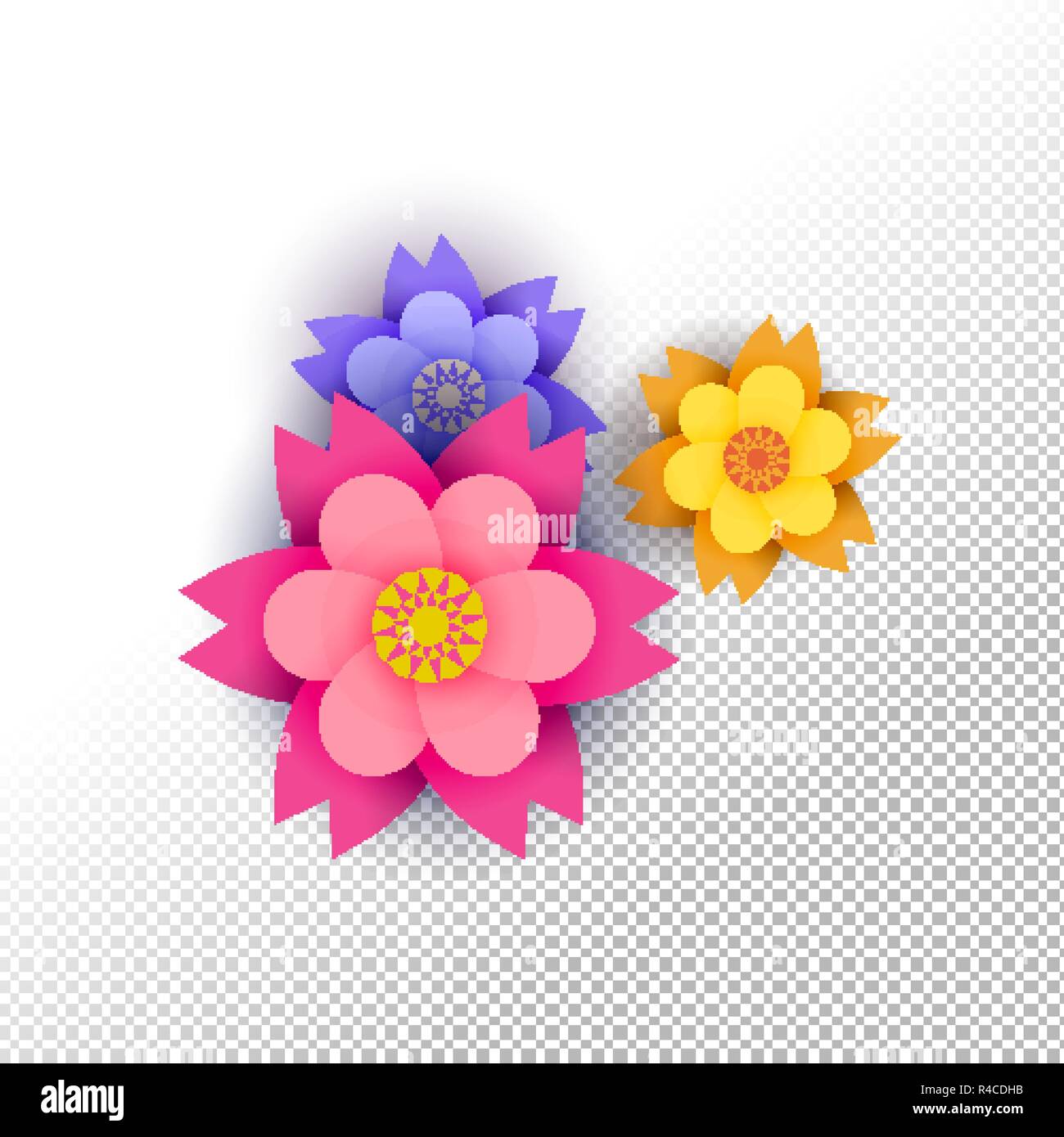 Fleurs colorées papercut sur fond transparent. Des formes de fleurs isolées faites de papier multicouche, ornement romantique ou la nature des éléments de décoration. Illustration de Vecteur