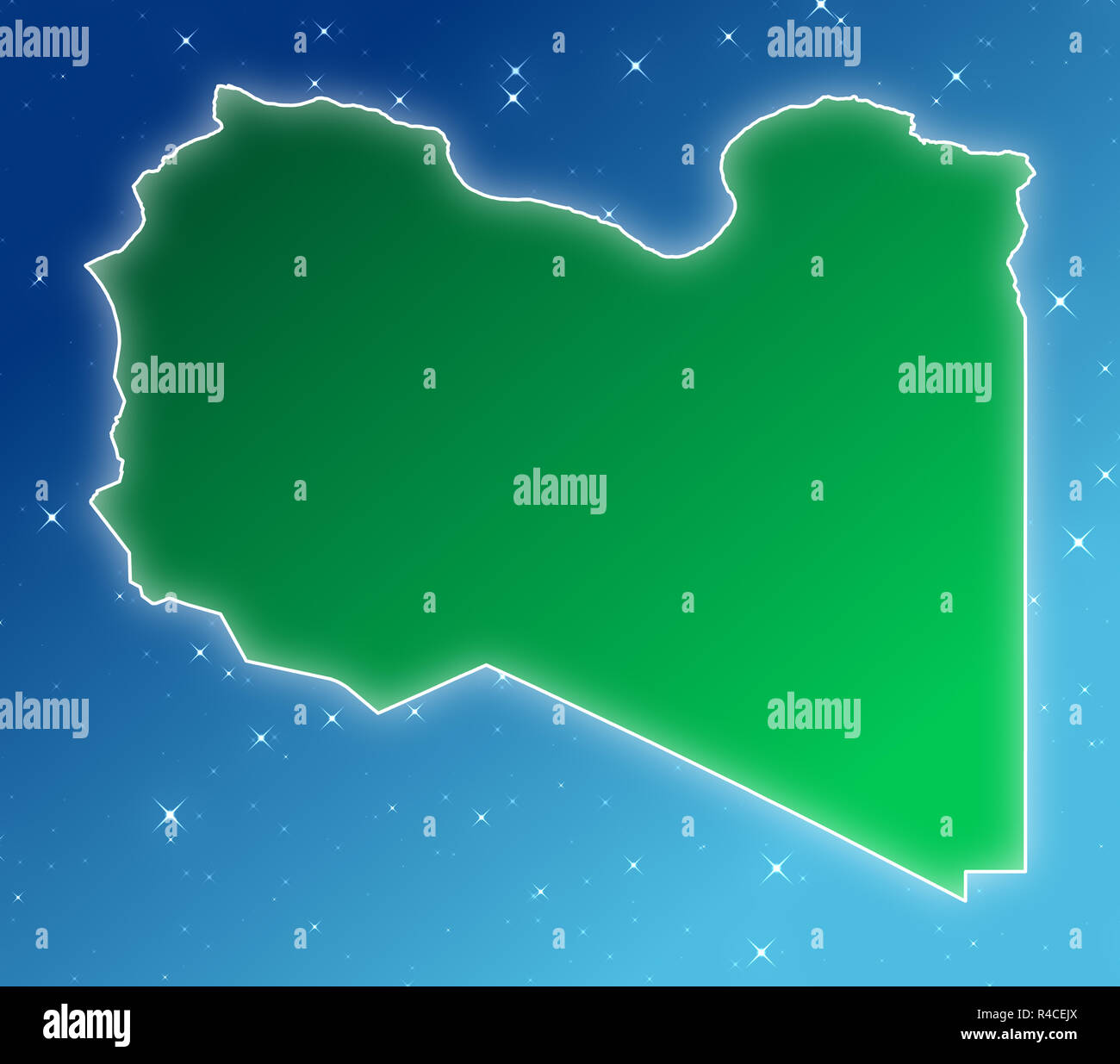 La Libye site rempli de le drapeau national sur un ciel étoilé. Banque D'Images