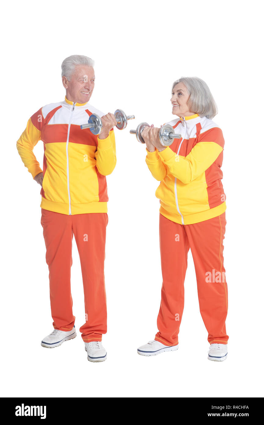 Happy senior couple actif exercice isolated on white Banque D'Images