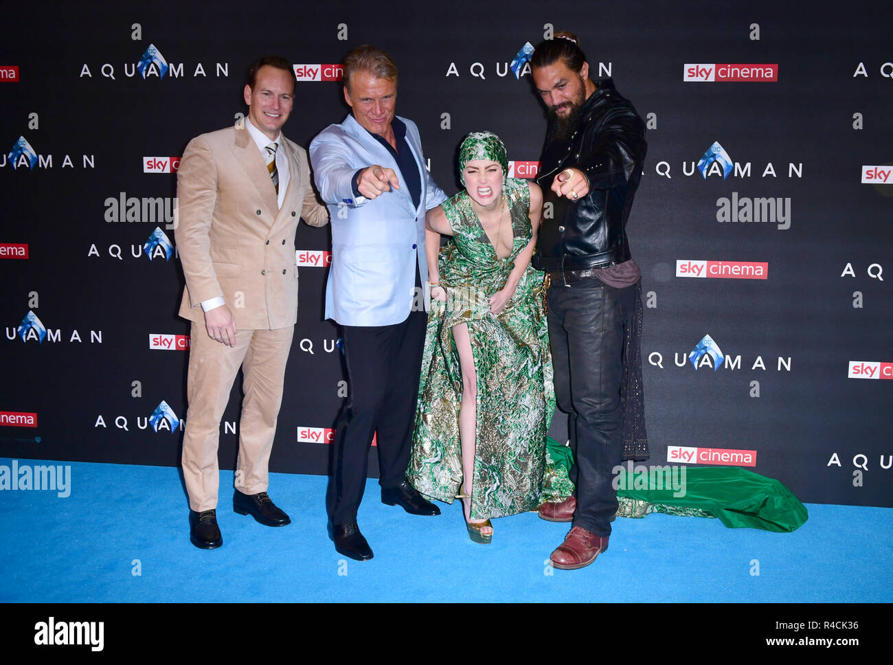 (De gauche à droite) Patrick Wilson, Dolph Lungren, Jason Momoa ambre entendu et assisté à la première tenue à Cineworld Aquaman dans Leicester Square, Londres. Banque D'Images