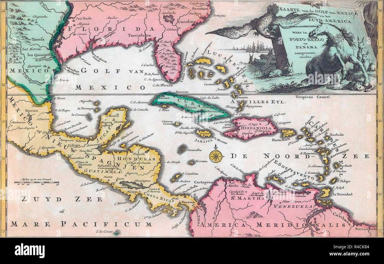 18e siècle la carte de l'Amérique centrale et le golfe du Mexique gravé par Balthasar Ruyter. Banque D'Images