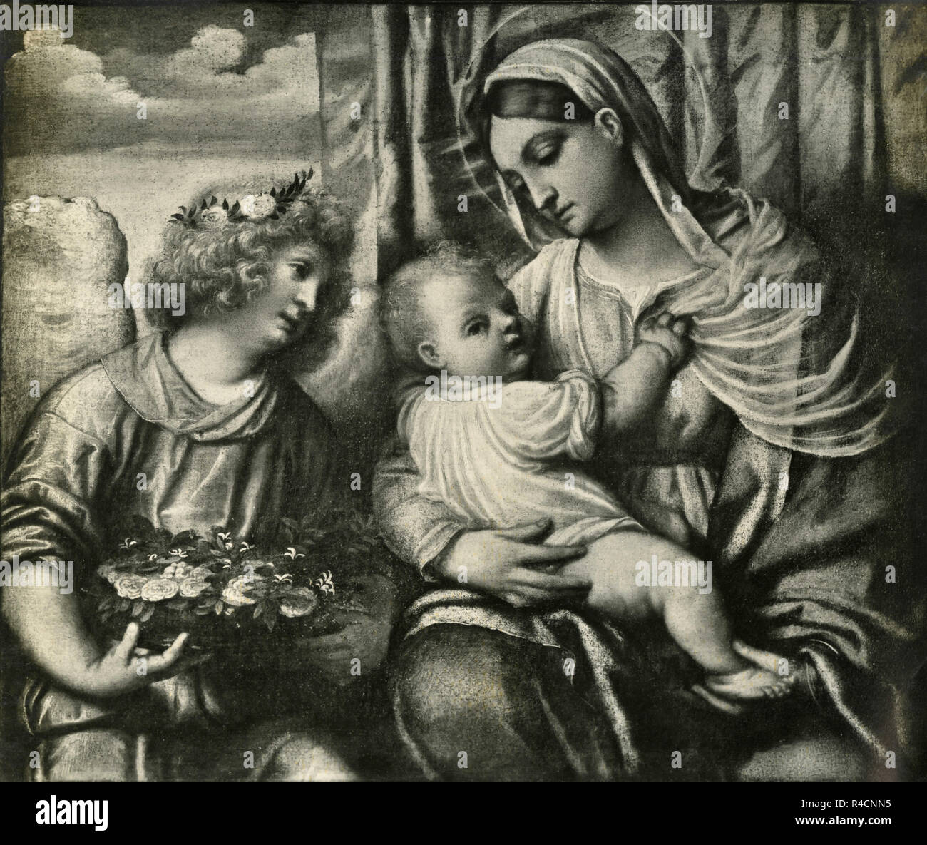 La Vierge et l'Enfant avec ange, peinture par Alessandro Bonvicino AKA Moretto da Brescia, 1930 Banque D'Images