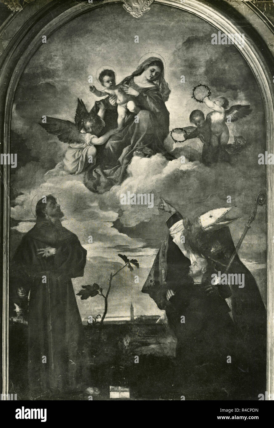 La Vierge apparaissant à saint François, Saint-Blaise, et un donateur, la peinture de Titien Tiziano Vecellio Banque D'Images