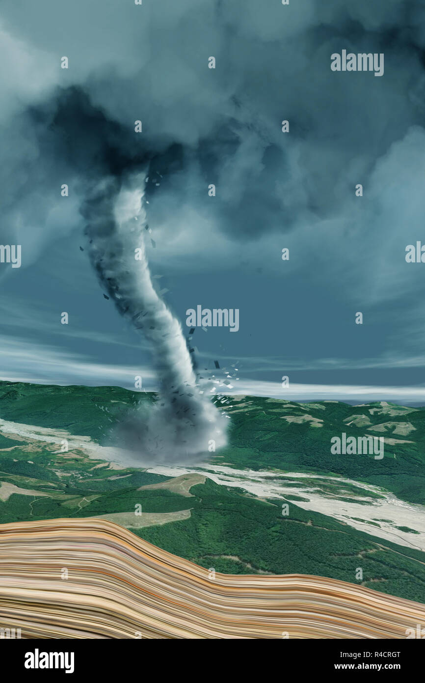 Une tornade est une colonne en rotation rapide de l'air qui est en contact avec la surface de la terre et d'un cumulonimbus. Le rendu 3D Banque D'Images