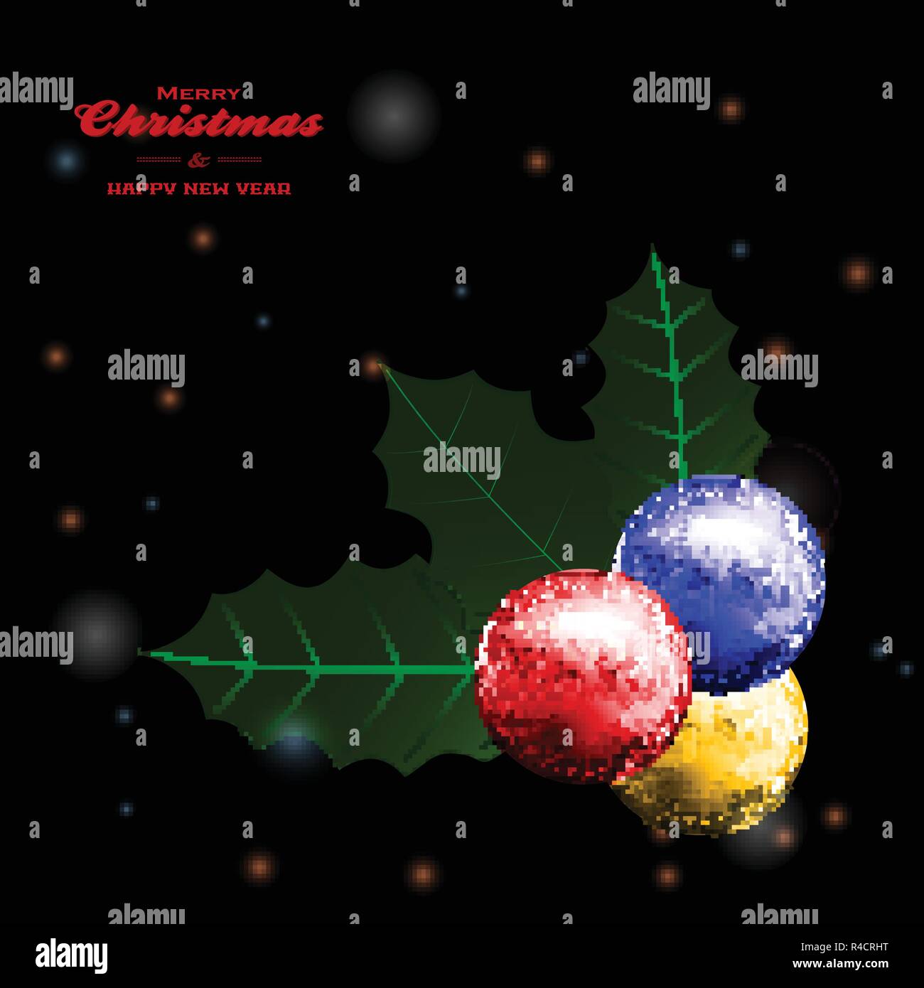 3D Illustration de Joyeux Noël et Bonne Année avec arrière-plan lumineux noir Boules disco Texte décoratif et feuilles de houx Illustration de Vecteur