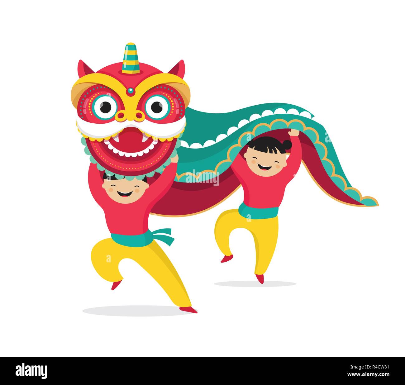 Contexte du Nouvel An chinois, cartes de vœux avec une danse du lion, dragon rouge, personnage Illustration de Vecteur