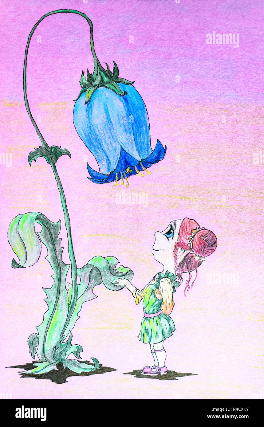 Une Petite Fille Pouces Est Debout Devant Un Blue Bell