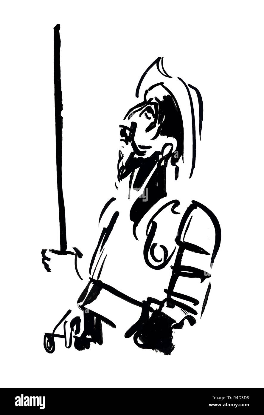 Don Quichotte - pe, et l'illustration sur le thème classic roman Don Quichotte aka Don Quijote de La Mancha de Miguel de Cervantès. Illustration de Vecteur