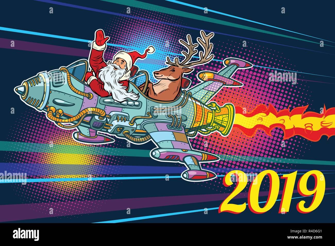 2019 Nouvelle année. Père Noël rétro avec un cerf volant sur une fusée Illustration de Vecteur