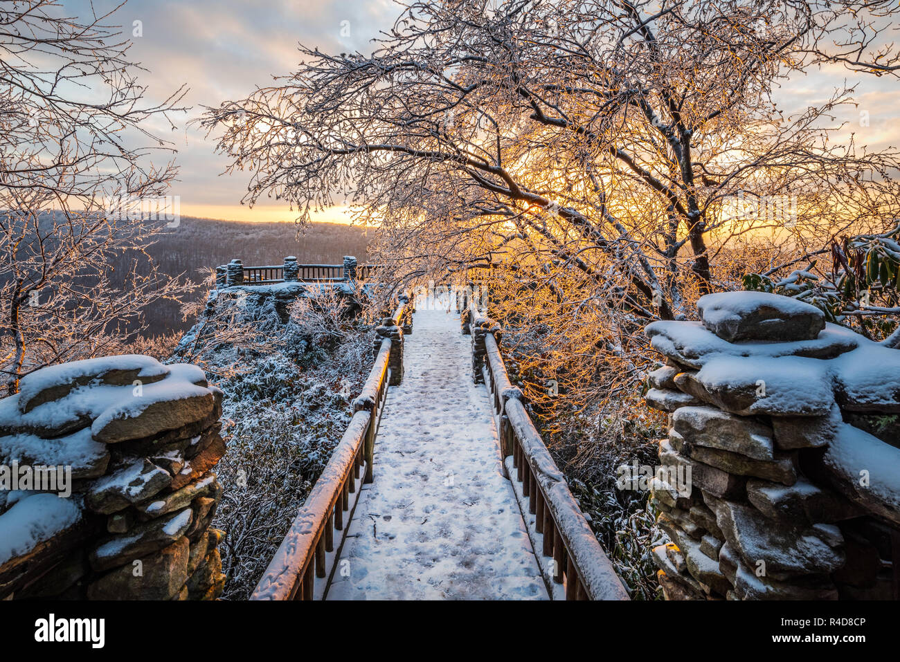 Le chemin menant à la principale donnent sur à Coopers Rock State Forest en Virginie de l'ouest est couverte de neige et de glace, le soleil offrir un accueil chaleureux de l'aga du rétroéclairage Banque D'Images