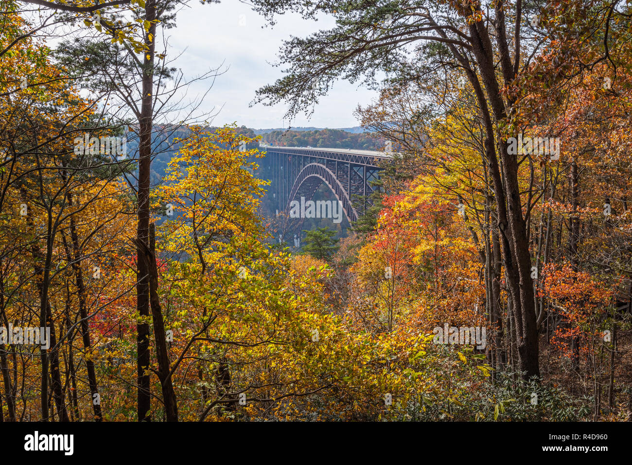 La grande arche en acier New River Gorge Bridge, Virginie Occidentale est encadrée par le feuillage automne coloré comme vu de la centre pour visiteurs du bord du Canyon. Banque D'Images