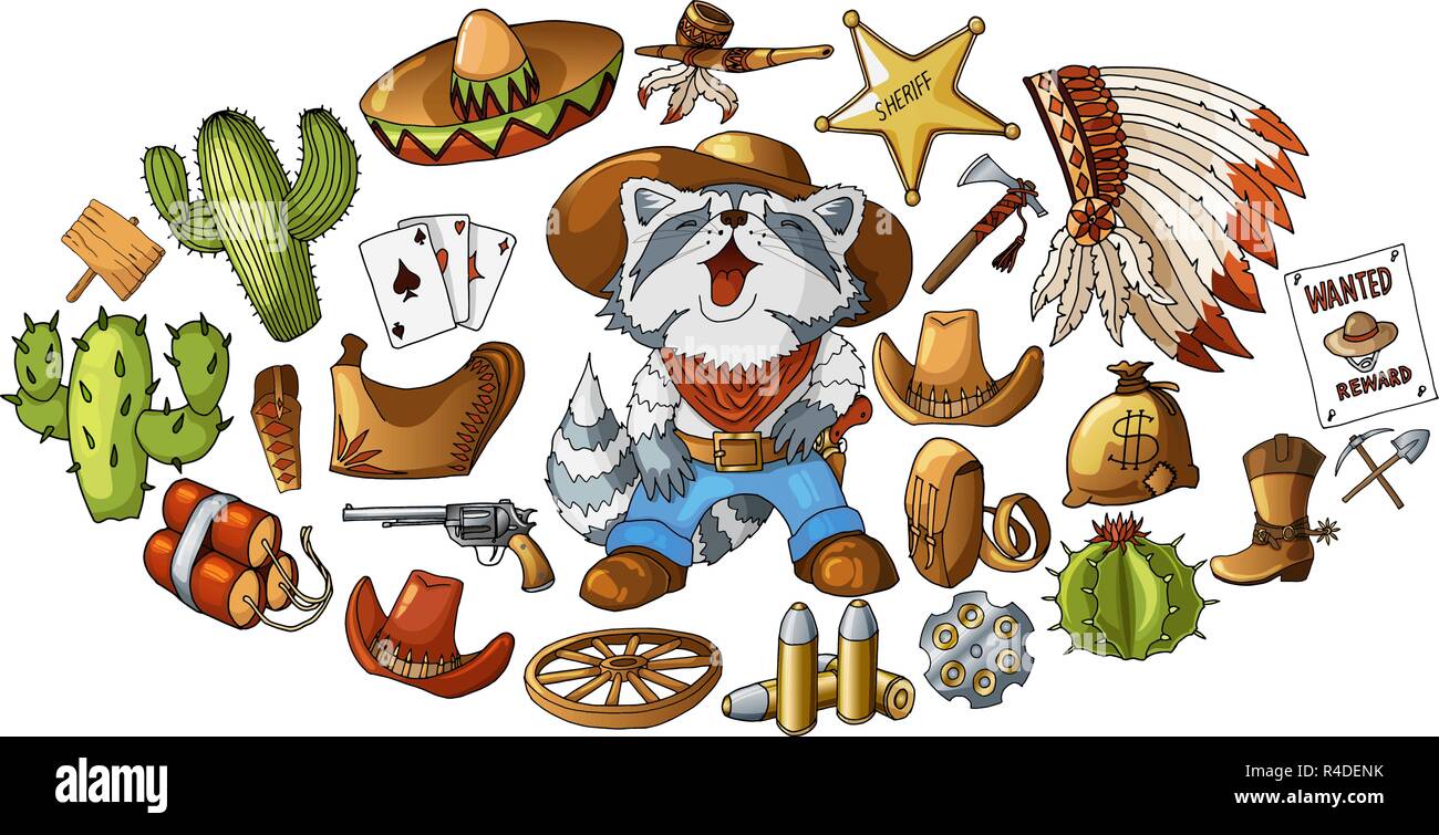 Vector hand drawn cowboy du Wild West elements autocollants set illustration Illustration de Vecteur