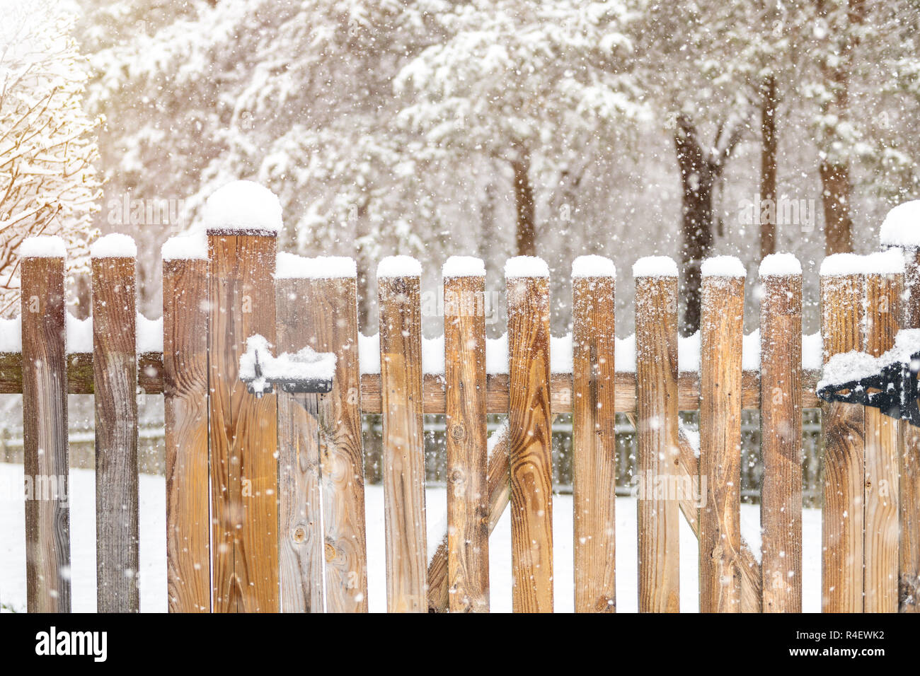 Libre de clôture en bois porte avec loquet de verrouillage, verrouillé couvert de neige blanche à tempête de neige lourde, tempête, chute de flocons par House, maison avec f Banque D'Images