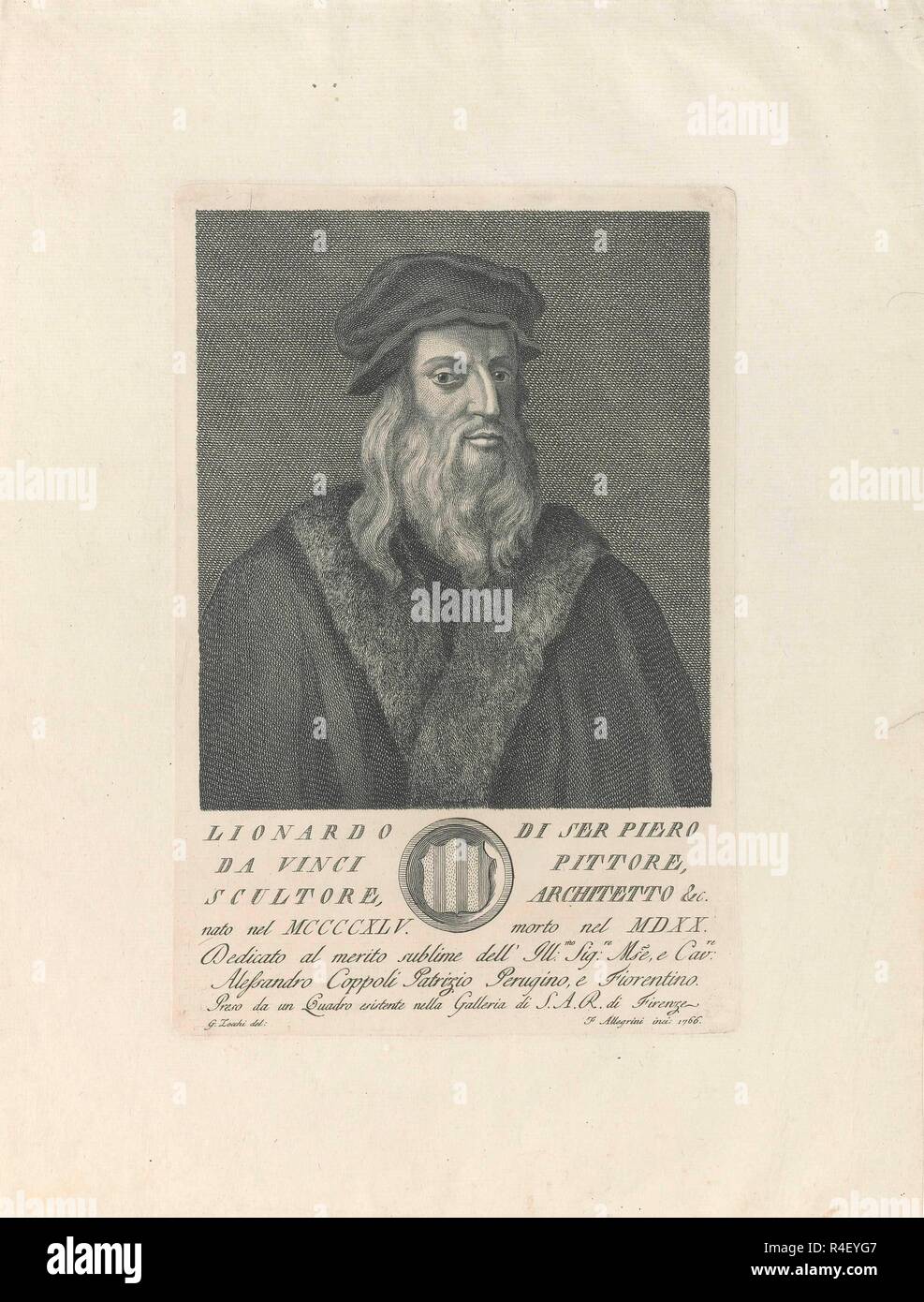 PORTRAIT DE LEONARDO DA VINCI - PEINT AU 17ème siècle et gravé dans le 18ème siècle. Auteur : ALLEGRINI, Francesco. Emplacement : collection privée. Banque D'Images