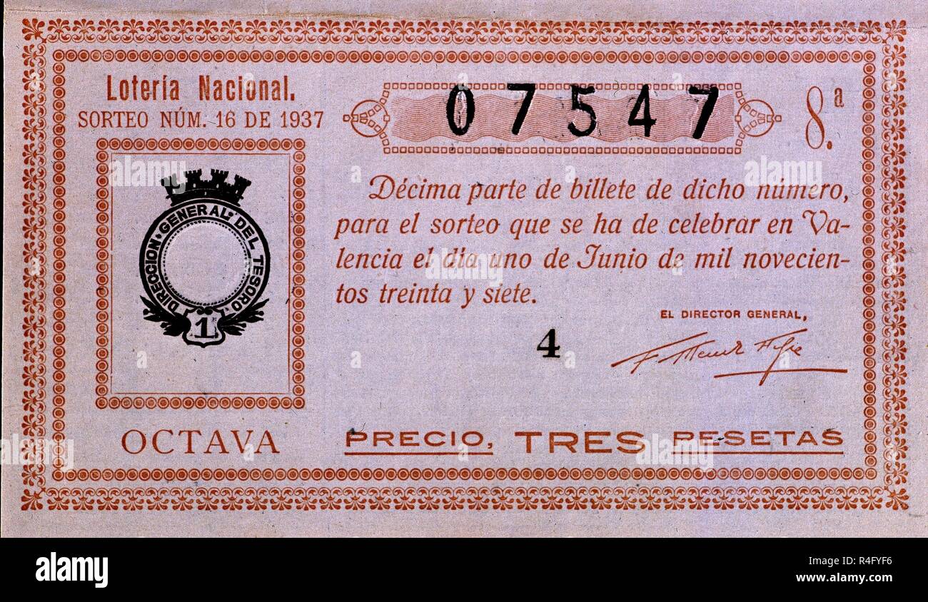 BILLETE DE VALENCE 1937 LOTERIA SORTEO EDICION 8. Emplacement collection