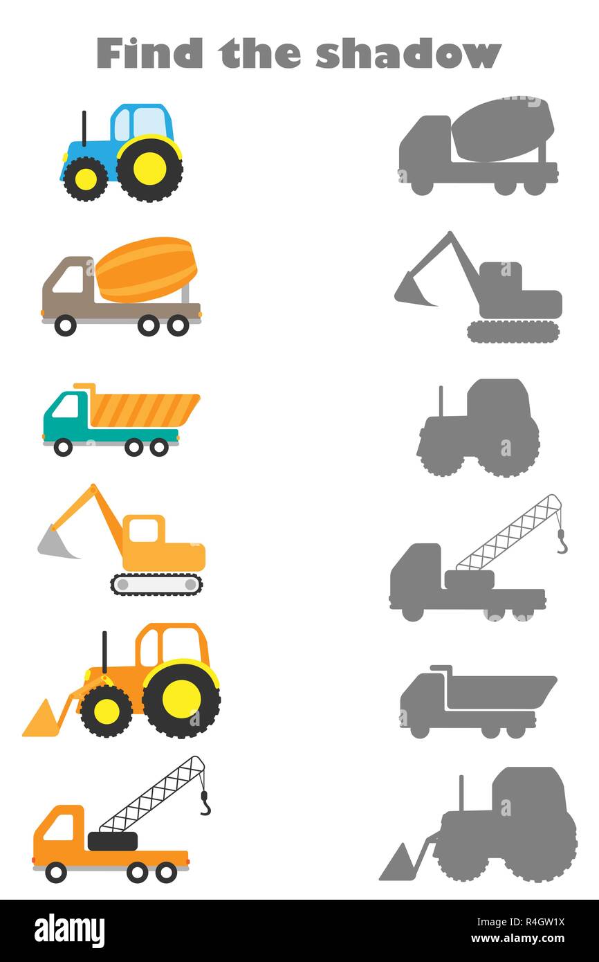 Trouver le jeu des ombres avec des photos de construction transport pour les enfants, l'éducation game pour enfants d'âge préscolaire, de l'activité Feuille de tâche, pour le dével Illustration de Vecteur