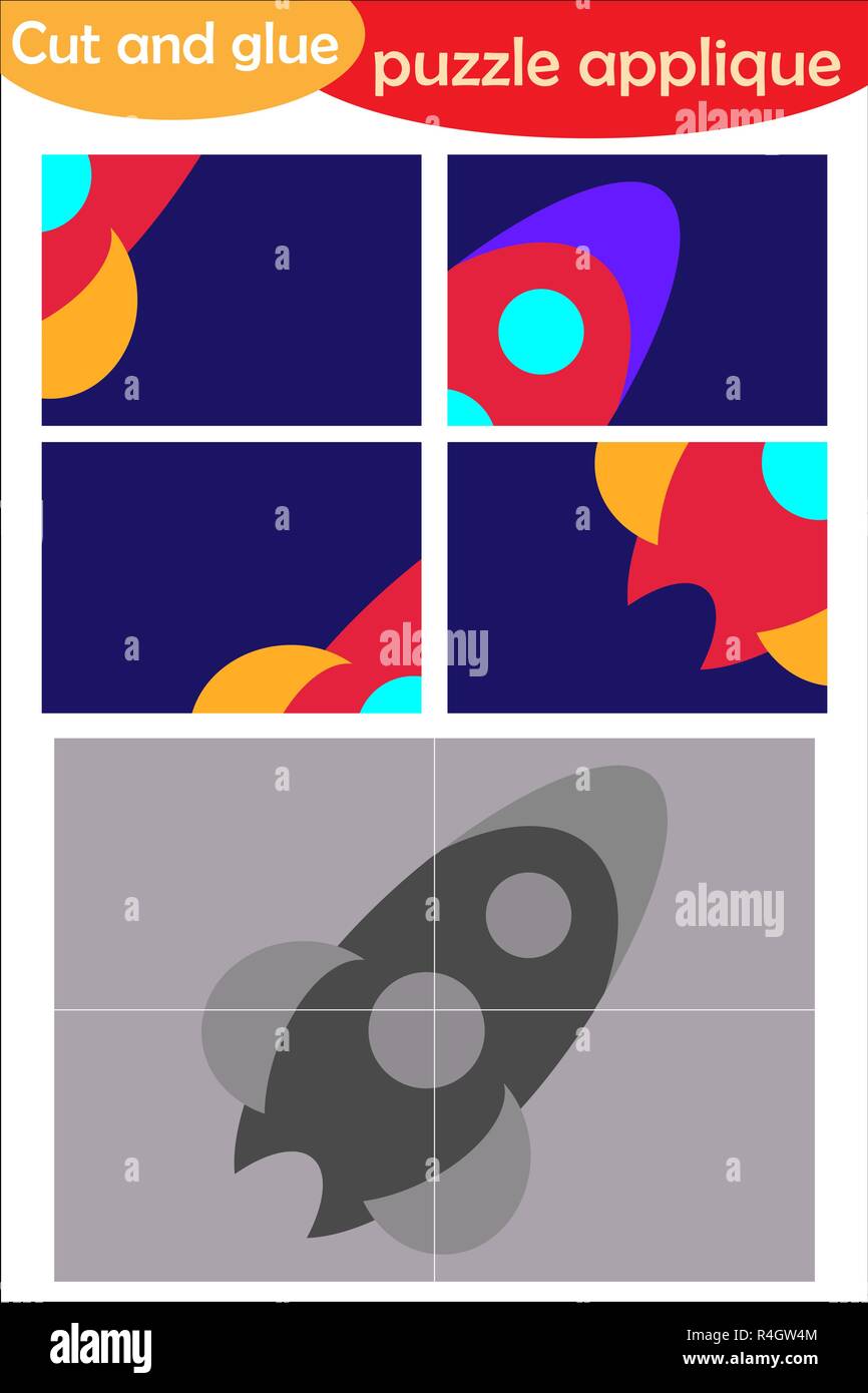 Rocket en cartoon style, jeu de puzzle pour le développement de l'éducation des enfants d'âge préscolaire, des ciseaux et de la colle pour créer l'appliqué, couper des parties du je Illustration de Vecteur