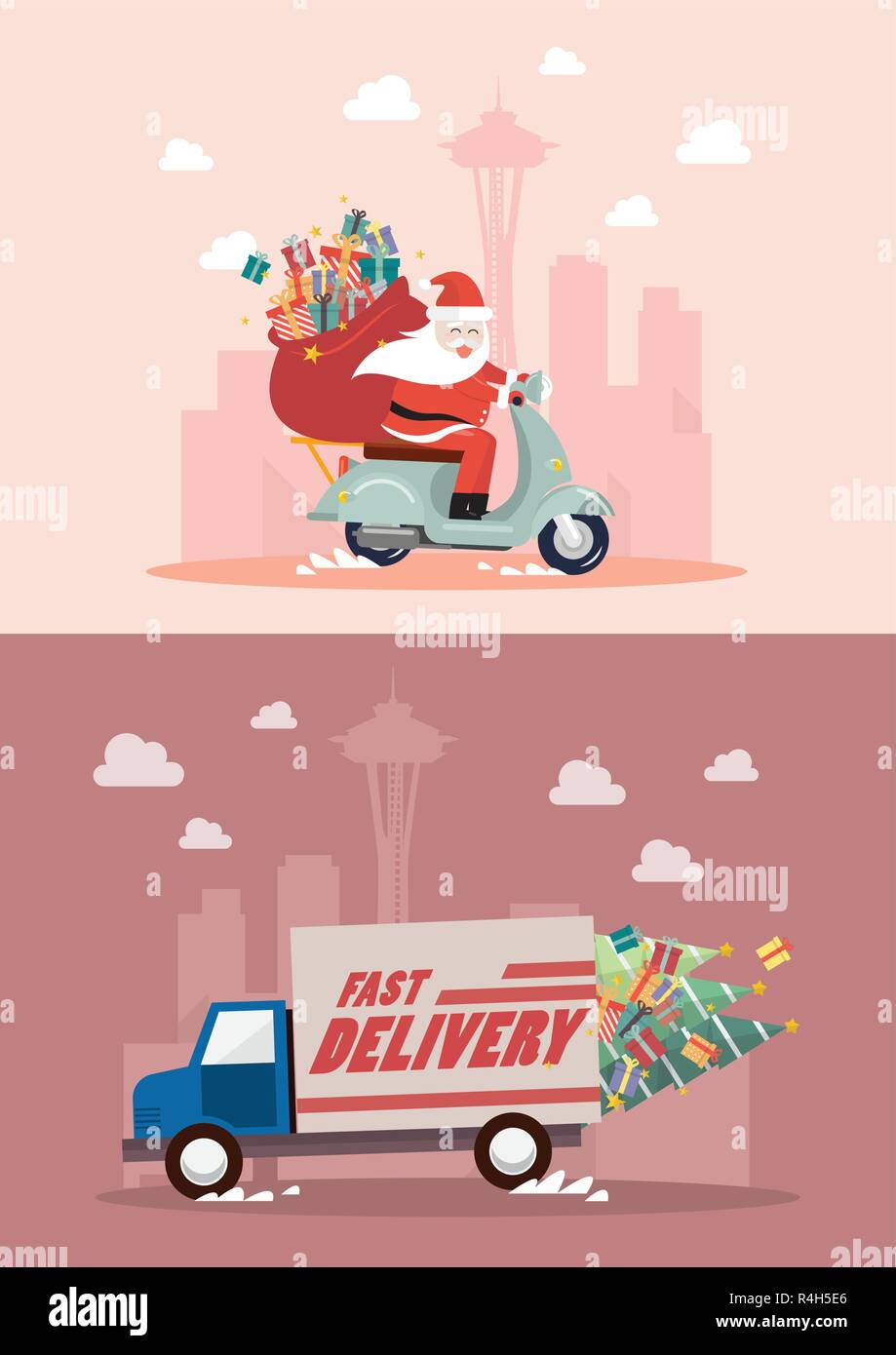 Service de livraison par camion de Noël et moto. Vector illustration Illustration de Vecteur
