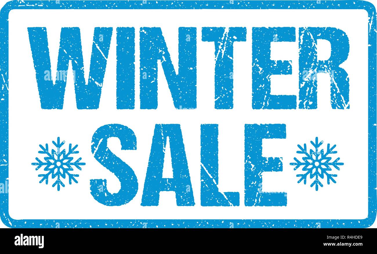 Vente d'hiver Blue Sceller les lettres avec Sowflakes isolé sur blanc. L'encre rouge Grunge Rubber Stamp Effet d'imitation. Illustration de Vecteur