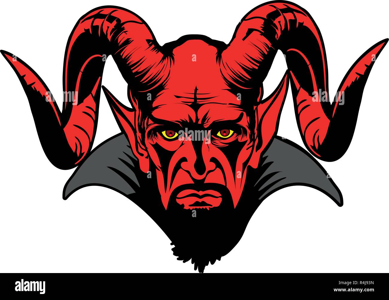 Le visage du diable rouge avec deux immenses cornes. Illustration de Vecteur