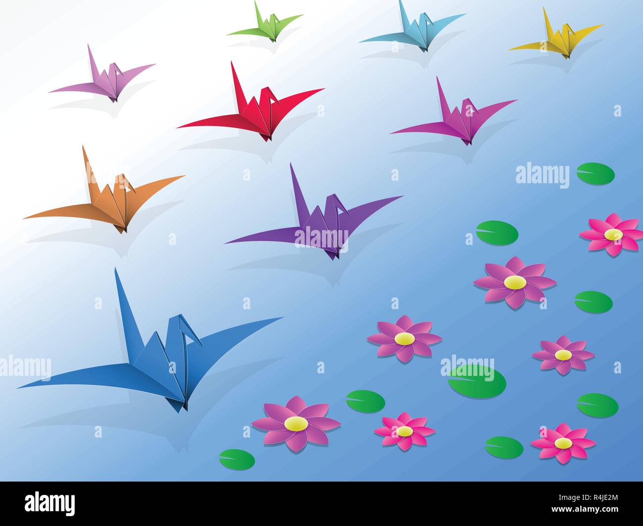 Birds flying Origami sur l'eau et Lotus Illustration de Vecteur