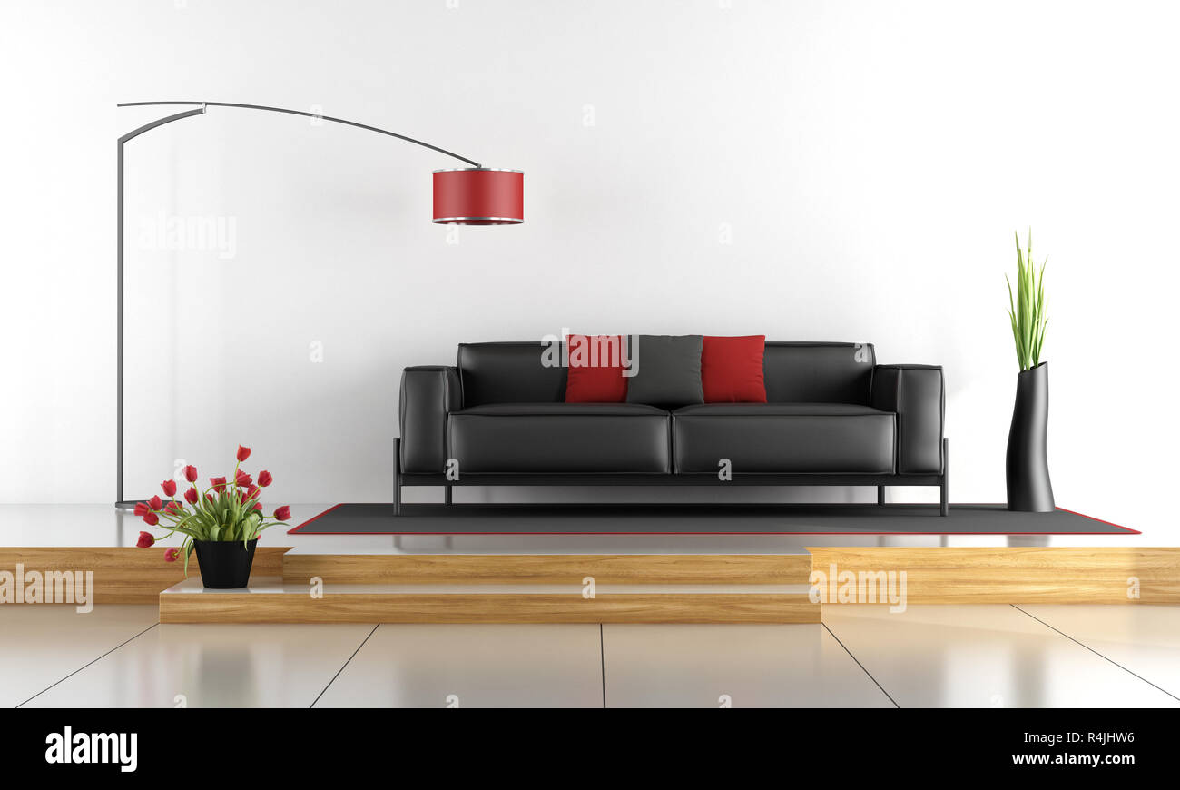Salon moderne avec canapé noir - 3D Rendering Banque D'Images