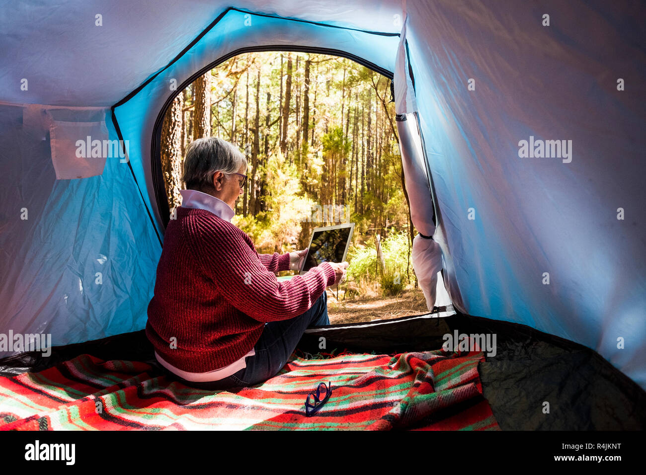 L'adulte a pris sa retraite femme assise à l'intérieur d'une tente de camping sauvage libre seul dans la forêt en utilisant une technologie Internet pour organiser la tablette connecté Banque D'Images