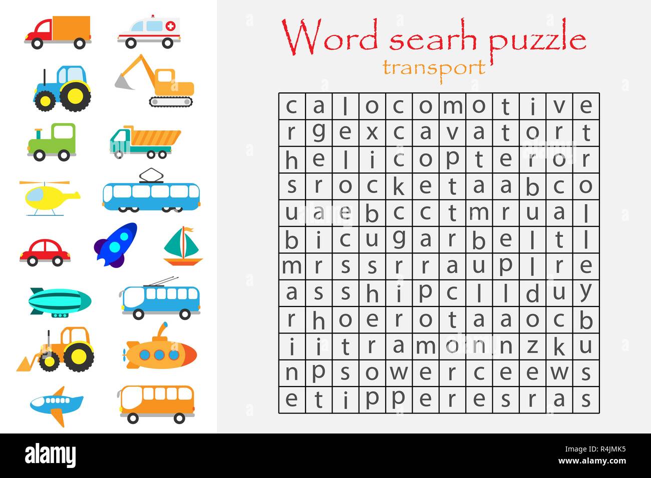 Puzzle de recherche de mot pour les enfants, des transports, de l'éducation  thème fun game pour enfants d'âge préscolaire, l'exercice, vector Image  Vectorielle Stock - Alamy