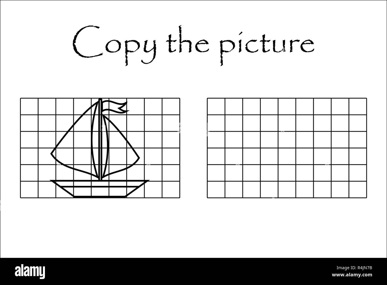 Copier la photo, black white ship, compétences en dessin, de formation scolaire jeu de papier pour le développement des enfants, pour les enfants, activité préscolaire printabl Illustration de Vecteur