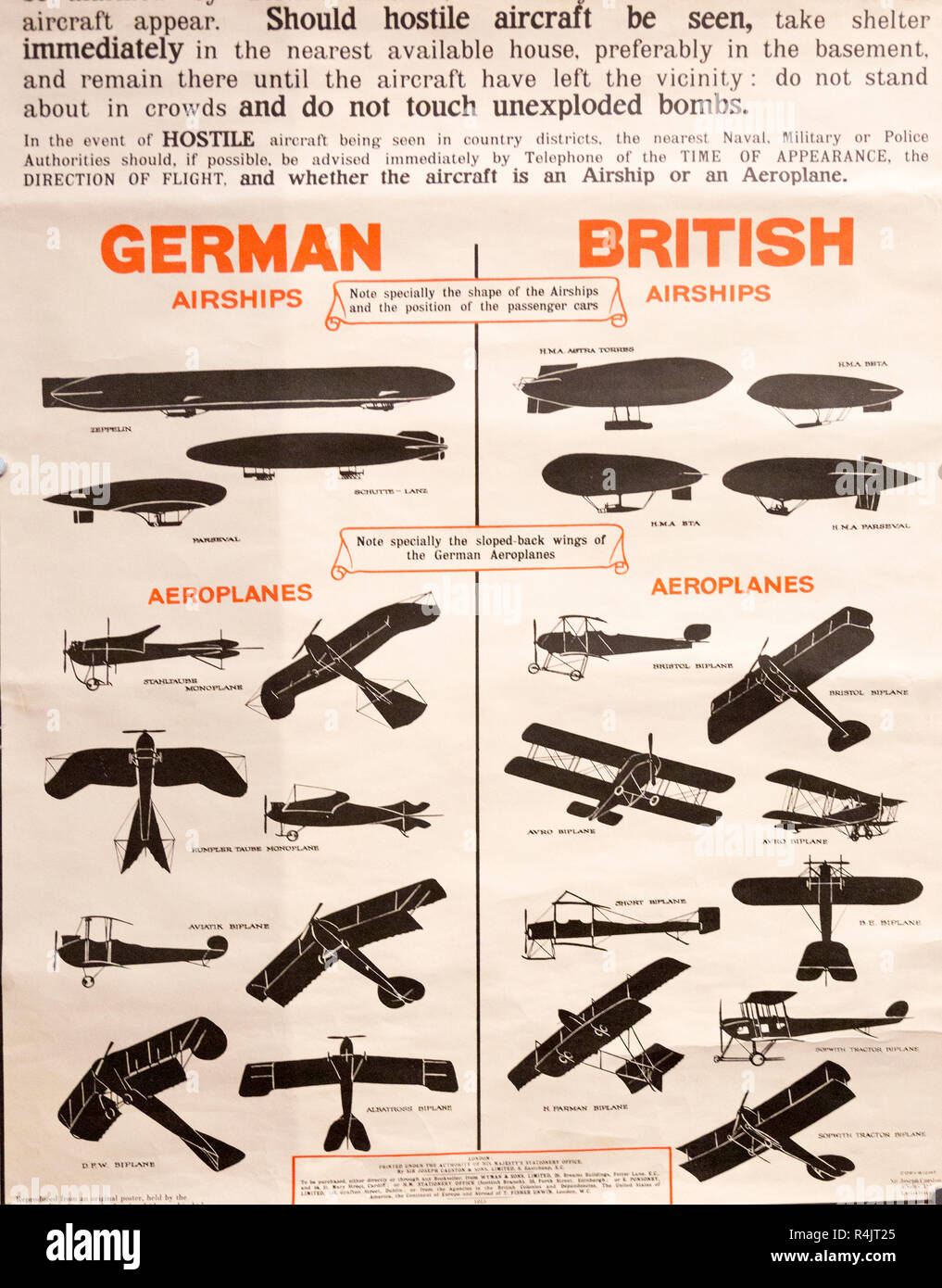 Affiche d'identification pour l'armée britannique et allemande et les dirigeables d'avions militaires de la Première Guerre mondiale, musée de Radstock, Somerset, England, UK Banque D'Images