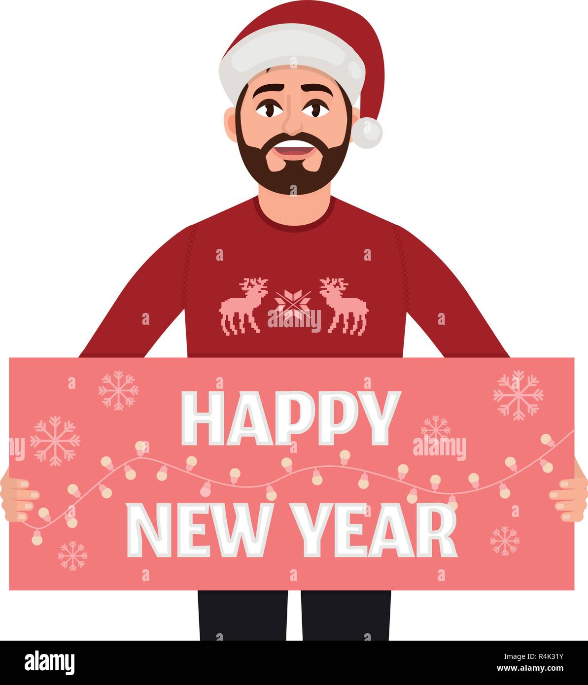 L'affiche de l'homme est titulaire d'une bonne année. Félicitations à l'heureuse nouvelle année vector illustration sur fond blanc Illustration de Vecteur