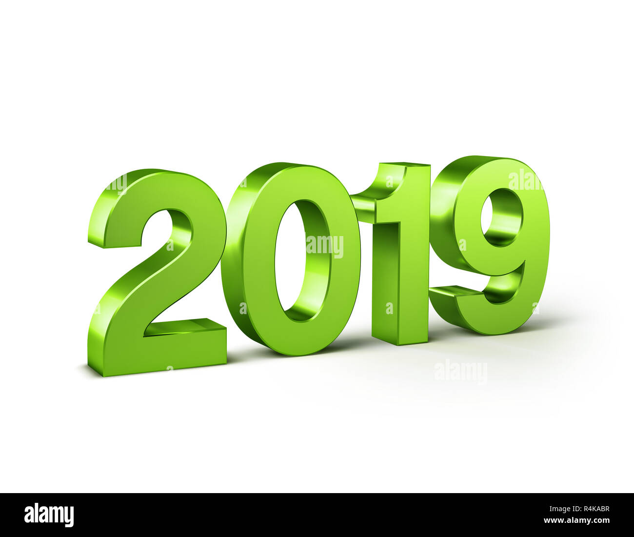 Nouvelle Année 2019 date nombre, coloré en vert et isolé sur blanc - 3D illustration Banque D'Images