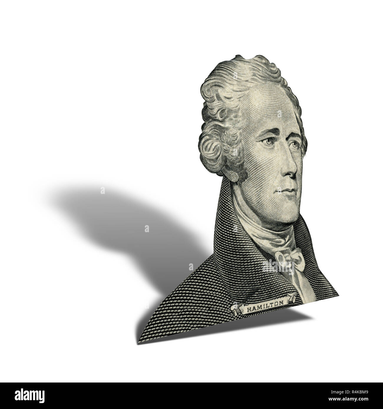 Premier secrétaire du Trésor Alexander Hamilton. Portrait qualitatif de 10 dollars euros isolater fond blanc. Photo à un angle de 45 degre Banque D'Images