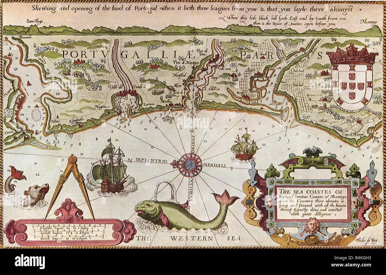 La côte portugaise, 1588, Théodore de Bry. Banque D'Images