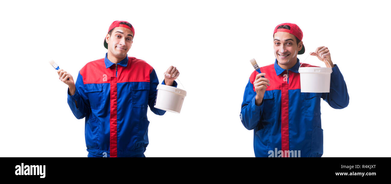 Jeune peintre entrepreneur isolé sur fond blanc Banque D'Images