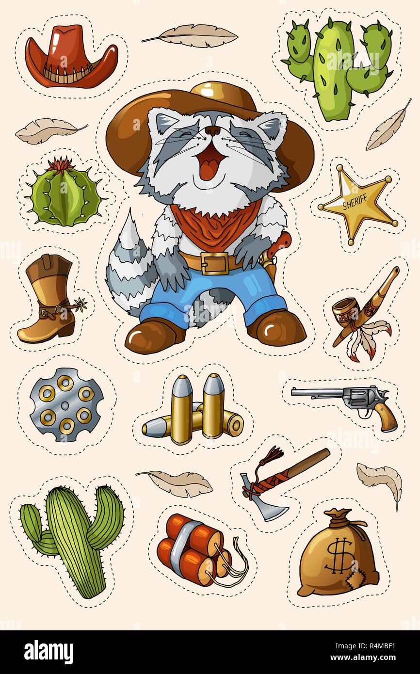 Western wild west art stickers set. Pistolet, des balles, cactus et beaucoup d'autres articles Illustration de Vecteur