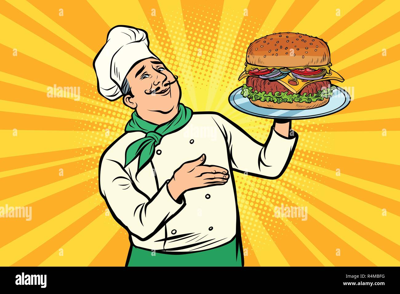 Chef avec Burger. La cuisson des repas rapides. Déjeuner au restaurant. Comic cartoon retro pop art dessin illustration vectorielle Illustration de Vecteur