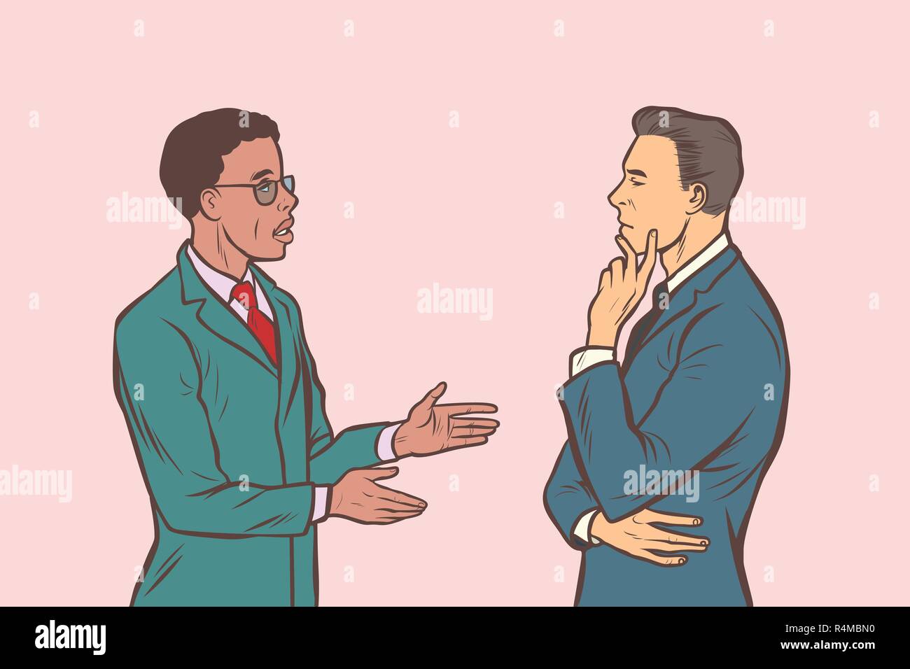 Deux hommes d'parler. Multi groupe ethnique. Comic cartoon retro pop art dessin illustration vectorielle Illustration de Vecteur