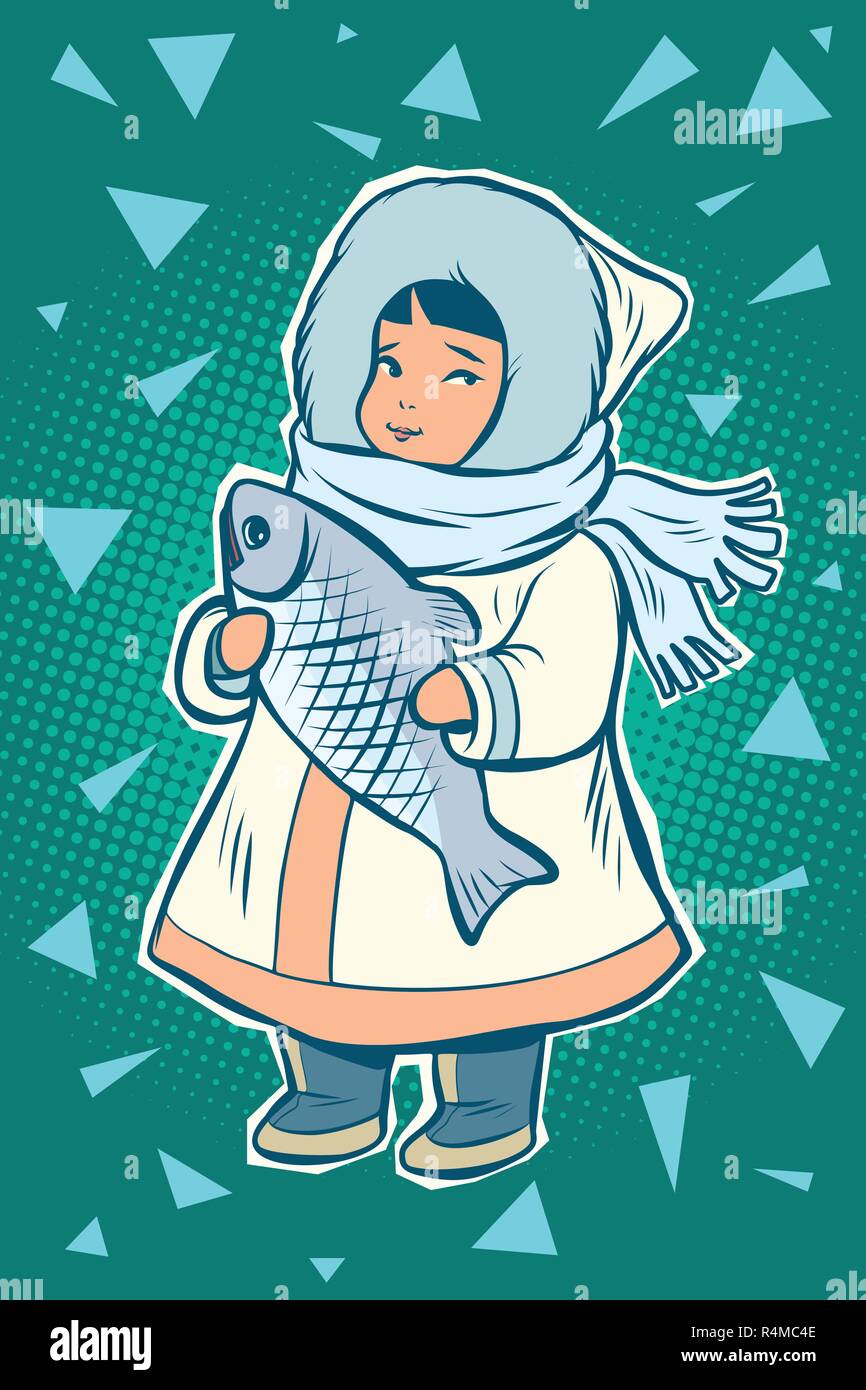 Le nord de l'enfant autochtone avec des poissons, costume national. Eskimo Inuit Tchouktches. Comic cartoon retro pop art dessin illustration vectorielle Illustration de Vecteur