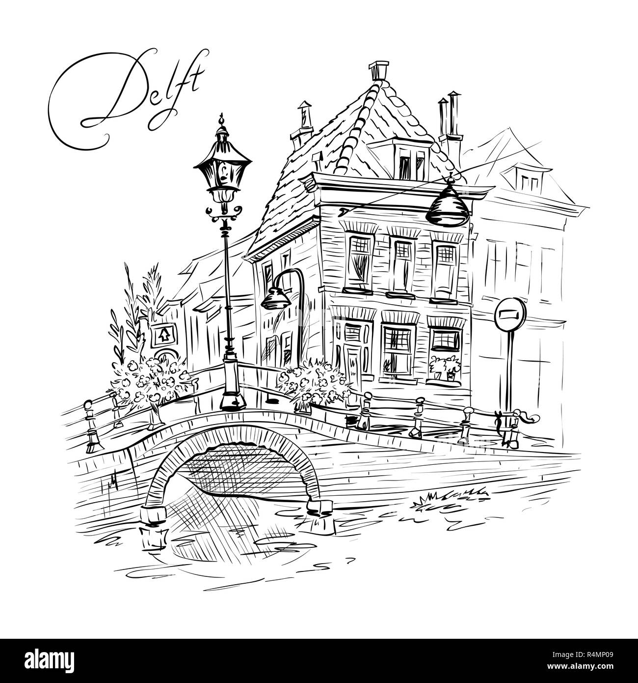 Vue pittoresque sur la ville de Delft avec de belles maisons Banque D'Images