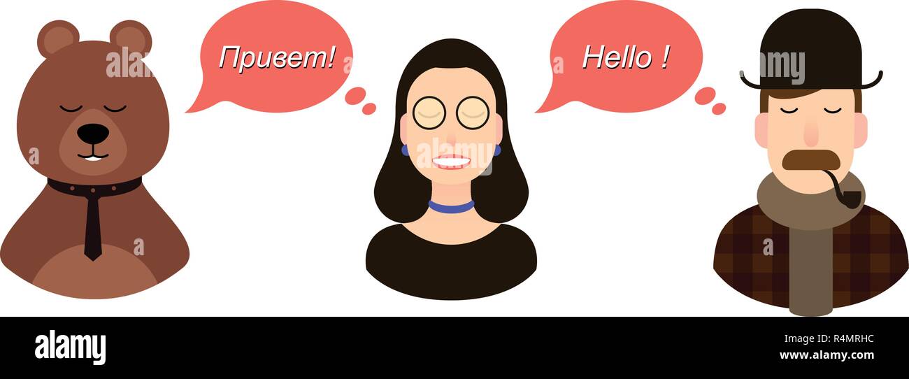 Communication traduction internationale concept illustration. les touristes ou hommes d'affaires ou hommes politiques de la Russie et l'Angleterre communiquent par un traducteur Illustration de Vecteur