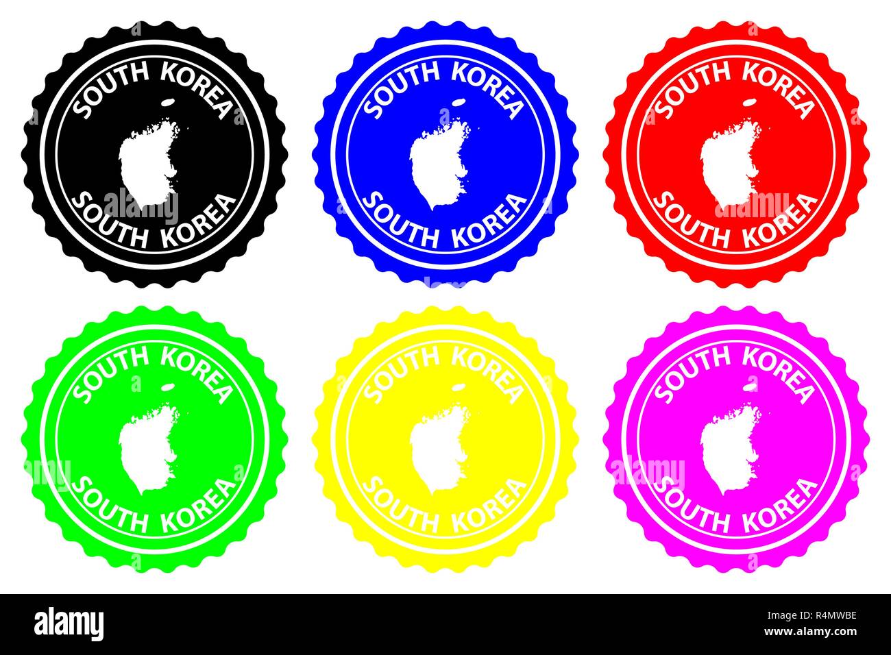 Corée du Sud - timbres en caoutchouc - vecteur, République de Corée - sticker carte - noir, bleu, vert, jaune, violet et rouge Illustration de Vecteur