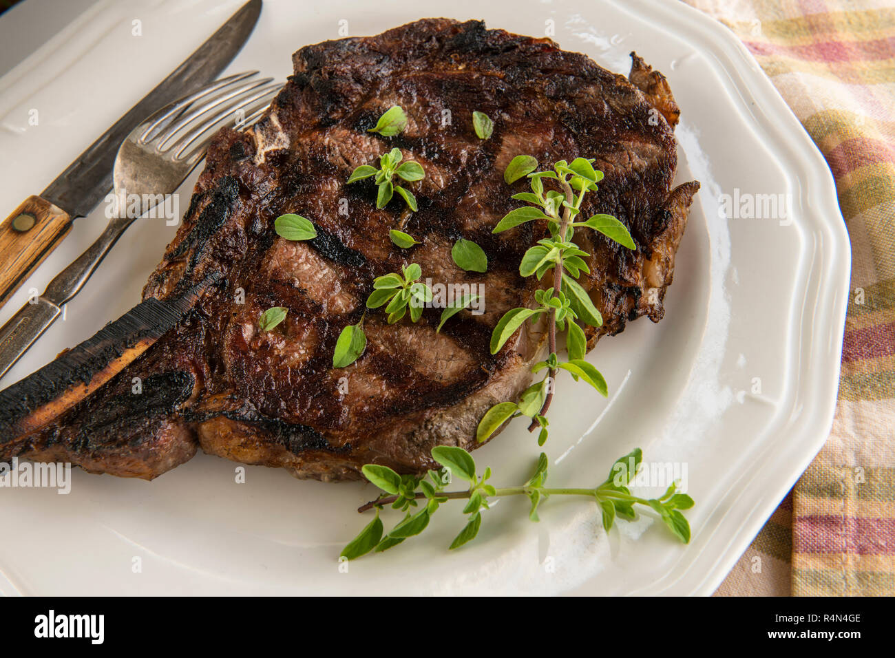 Le steak grillé et l'origan sur la plaque Banque D'Images