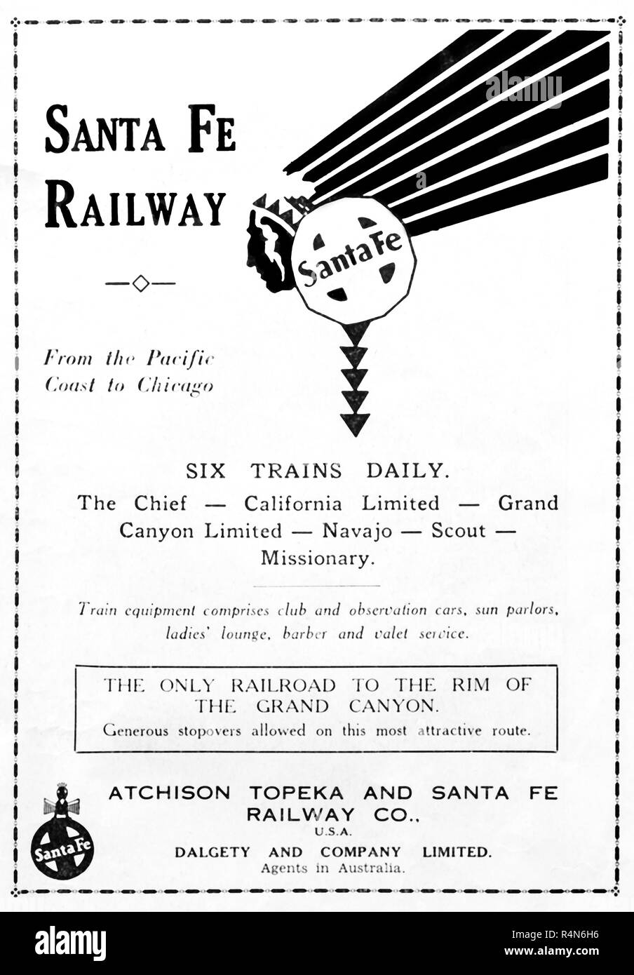 Publicité dans un journal australien 1932 pour l'Atchison, Topeka and Santa Fe Railway Co. Banque D'Images