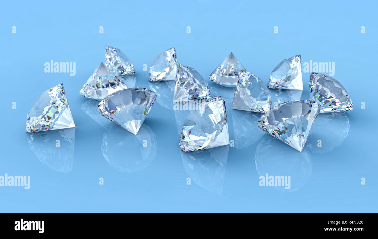 De nombreux diamants renversé sur le reflet bleu 24. Gemstone bijoux placés sur fond propre du groupe. Close up, selective focus. Le Rendu 3D Banque D'Images